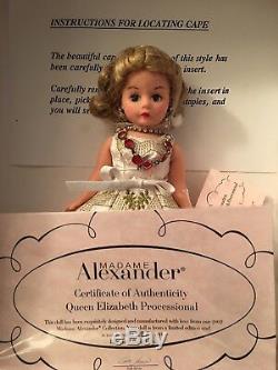 Queen Elizabeth Processional 10'' Madame Alexander 2002 doll, crown & cape